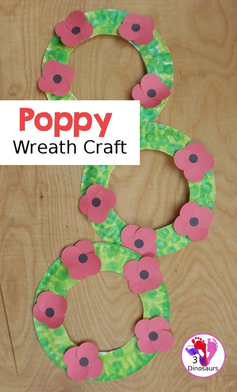 Poppy Flower Wreath Craft for Kids for Veteran's Day. A great way to remember veterans and all they have done. These are great to make for remembrance days, veterans day and memorial day - 3Dinosaurs.com #veteransday #memorialday #poppycraftforkids #craftforkids Poppy Activities For Toddlers, Wreaths Crafts For Kids, Poppy Craft For Kids, Remembrance Day Activities, Wreaths Crafts, Remembrance Day Art, Poppy Craft, 3 Dinosaurs, Remembrance Day Poppy