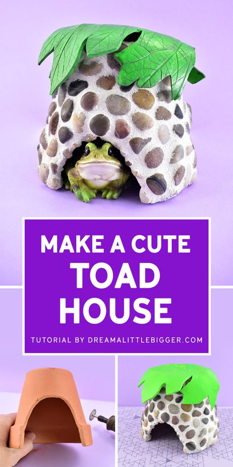 Got toads? Learn how to make a toad house from a clay pot to keep your resident garden toads cool, comfortable, and safe! Toad Homes Garden Ideas, Toad Houses Diy How To Make, Frog Houses For The Garden, Toad Houses For The Garden, Diy Toad House, Toad Craft, Toad Pond, Toad Abode, Lucy Birthday