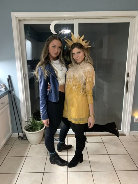 Sun Moon Couple Costume, Sun And Moon Halloween Costume Couple, Duo Halloween Costumes Sun And Moon, Sun And Moon Couples Costume, Sun Halloween Costume Women, Sun And Moon Couple Costume, Sun And Moon Costume Couple, Duo Halloween Costumes Cold Weather, Costumes For Cold Weather