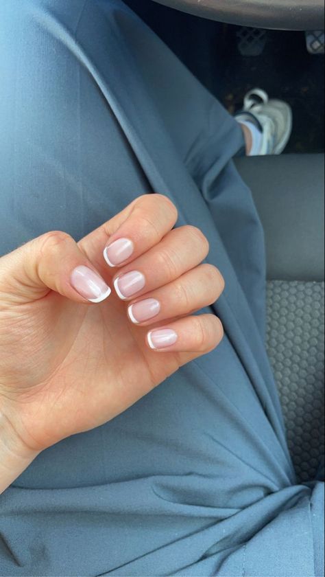 French tip nails French Nails Small Tip, French Tip On Regular Nails, French Tip Shellac Nails Pink, Short Nail Bed French Tip, French Tip Normal Nails, Shellac Tips Nails, Short French Biab Nails, Extra Short Nails French Tip, Biab French Tip Short