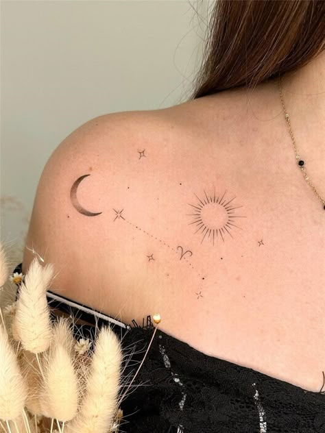 35 Small Tattoos With Meanings for Women - Flymeso Blog Aries Shoulder Tattoo For Women, Female Tattoo Quotes, Unique Tattoo Ideas For Women, Trendy Tattoo Ideas, Designer Tattoo, Celestial Tattoo, Tattoo Ideas Unique, Tattoo Designer, Inspo Tattoo