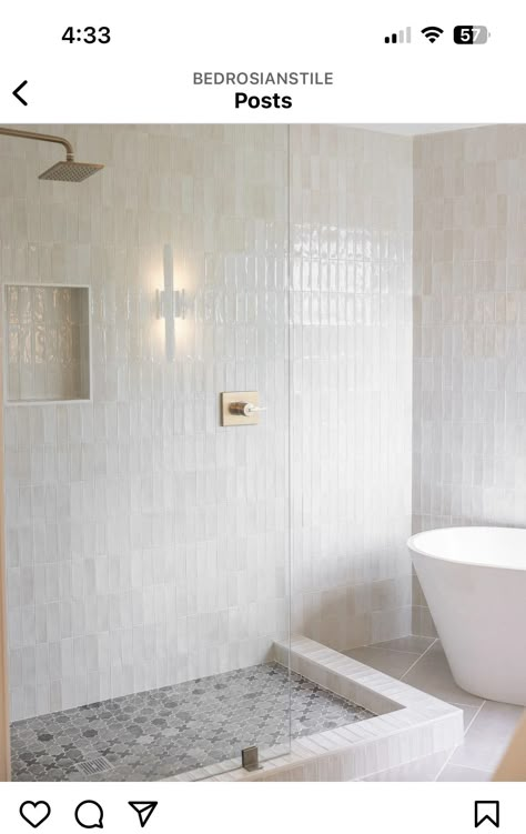 White Shower Tile, White Tile Shower, Bedrosians Tile, Shower Wall Tile, White Bathroom Tiles, Shower Floor Tile, Bathroom Redesign, Bathroom Shower Tile, Guest Bathrooms