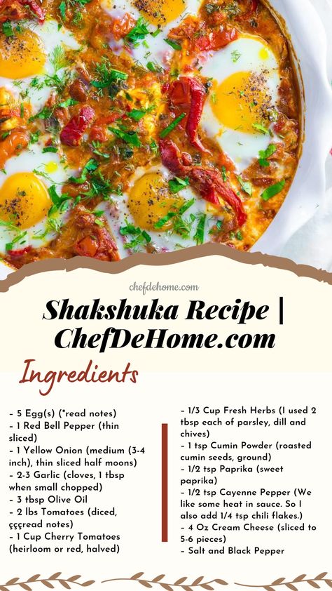 Shakshuka recipe with tomatoes, pepper, herbs, spices cooked to a delicious sauce topped with cheese and soft baked (poached) eggs. Oven Baked Shakshuka, Shaksusha Eggs, Baked Poached Eggs, Italian Shakshuka, Recipe With Tomatoes, Shakshuka Recipe, Shakshuka Recipes, Eggs Recipes, Middle Eastern Dishes