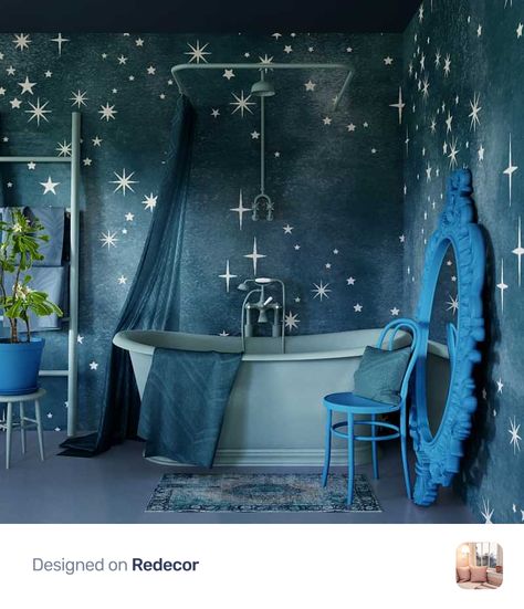 Starry Bathroom, Night Sky Bathroom Ideas, Night Sky Bathroom, Moon Bathroom Theme, Blue Star Bathroom, Aesthetic Bathroom, Guest Bathrooms, Blue Bathroom, Dream Design