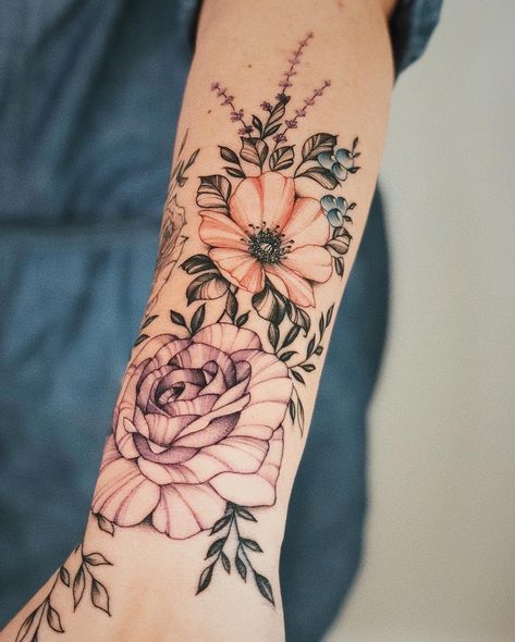 Flower Sleeve Tattoo With Words, Subtle Color Tattoo Sleeve, Half Colored Tattoo, Lightly Colored Flower Tattoo, Flower Tattoos Sleeve Color, Colored Floral Sleeve Tattoo, Floral Forearm Tattoo Women Color, Large Flower Tattoos For Women, Light Floral Tattoo