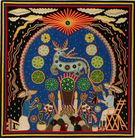 A Late 20th C. Huichol Mexican Folk Art Painting. The traditional art form of bright, exuberant and intricate compositions of yarn on board filled with centuries-old symbols and designs and fable references that include deer, snakes and much more, signed on the reverse 'Rehler E.' and dated 1999. Mexican Ancestors Art, South American Folk Art, Chilean Folk Art, Mexican Snake Art, Southwestern Folk Art, Colombian Folk Art, Mexican Folklore Art, Traditional Mexican Folk Art, Folk Art Snake