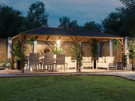 Dunster House, Corner Gazebo, Alfresco Ideas, Small Garden Office, Wooden Garden Gazebo, Small Summer House, Garden Office Shed, Landscape Garden Ideas, Corner Log Cabins