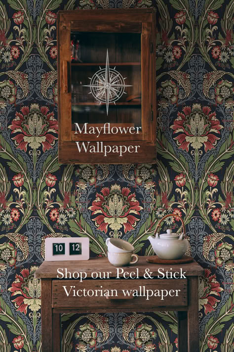 Damask Peel & Stick Wallpaper in green red and Navy blue Wallpaper Bookshelves Backgrounds, Schumaker Wallpaper, Eclectic Moody Decor, Wallpaper Around Fireplace, Home Office Wallpaper Accent Wall, Dark Moody Wallpaper, Best Peel And Stick Wallpaper, Damask Wallpaper Bedroom, Moody Maximalist