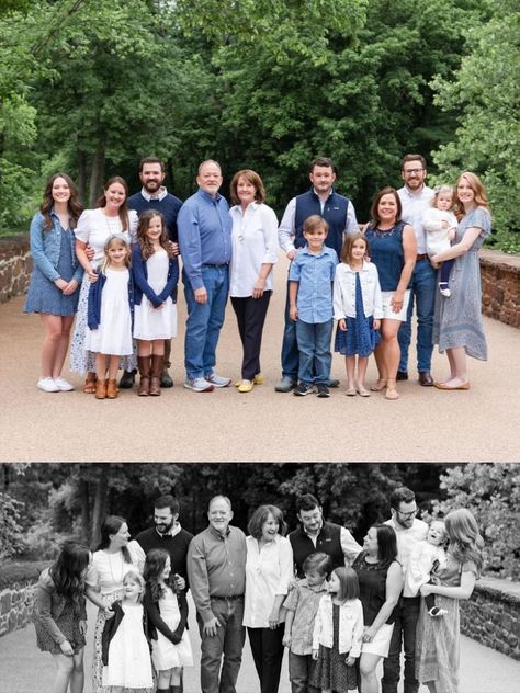 Generation Family Photo Outfits, Blue Grey White Family Photos, Blue White Denim Family Photos, Blue Family Portrait Outfits, Extended Family Photo Outfits Blue, Large Family Group Photo Ideas, Multiple Family Photo Outfits, Multi Family Photoshoot, Family Photo Outfits With Grandparents