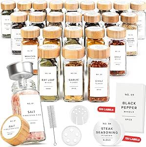 EDELHAUS Glass Spice Jars with Label and Bamboo Lids (24 x 4oz) Spice Containers with 240 Labels, Shaker Inserts, Steel Funnel, Empty Square Seasoning Organizer for Spice Rack, Cabinet, Drawer Spice Jar Labels, Spice Jar Set, Spice Drawer, Spice Shaker, Glass Spice Jars, Spice Labels, Fresh Spices, Spice Cabinet, Chalk Pens