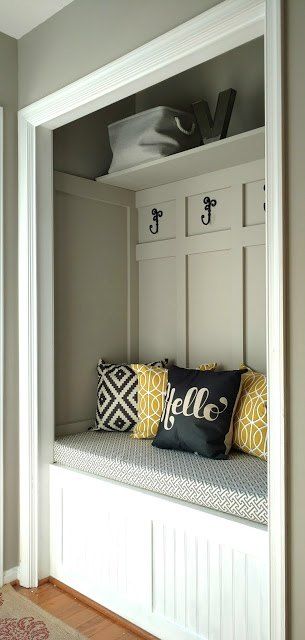 We had a closet by our front door that had bifold doors and made the small space very dark. Four years ago my husband built this mudroom closet instead. We have… Closet Nook, Vstupná Hala, Mudroom Closet, Front Closet, Entry Closet, Entryway Closet, Hallway Closet, Hall Closet, Closet Remodel