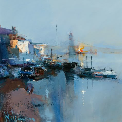 Palet Project, Acrylic Realism, Mark Lague, Peter Wileman, Watercolor Boat, Canadian Painters, Water Reflection, Contemporary Landscape Painting, Morning Mist