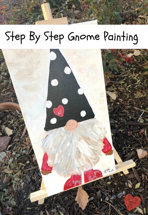 Gnome Painting Acrylics on Canvas Step by Step How To Paint A Gnome Step By Step, Easy Gnome Painting, How To Paint A Gnome, Valentine Paintings On Canvas, Kids Make Christmas Ornaments, Diy Christmas Gnomes, Gnome Painting, Gnome Paint, Holiday Gnomes