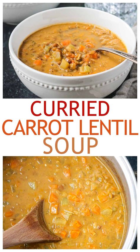 This Curry Carrot Lentil Soup is satisfying comfort food perfect for lunch or dinner any time of year. Humble lentils pair with warm earthy spices and creamy sweet coconut milk for the ultimate in flavor and texture. Carrot Lentil Soup, Creamy Lentil Soup, Coconut Lentil Soup, Curried Carrot Soup, Carrot And Lentil Soup, Curried Lentil Soup, Coconut Milk Soup, Coconut Soup, Curry Soup