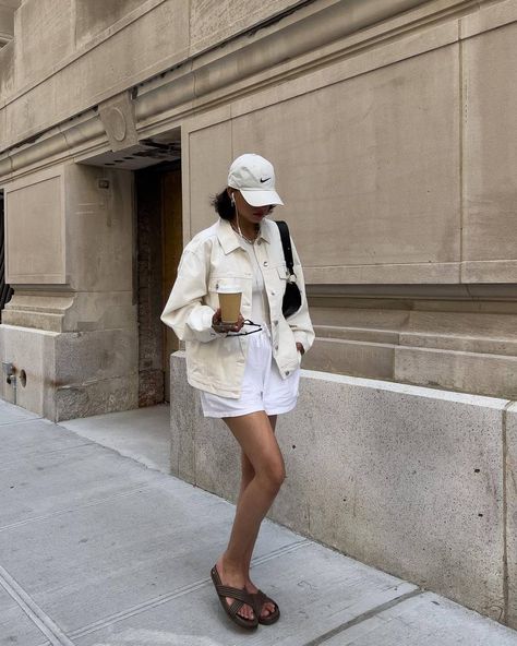 10 NYC-Girl Outfits That Were Inspired by L.A. Girls | Who What Wear La Girl Style, White Denim Jacket Outfit, Tnf Jacket, Los Angeles Girl, Mango Shorts, New York Outfits, Belted Mini Skirt, California Vibe, Denim Jacket Outfit