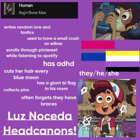 The Owl House Luz Redesign, Luz Headcanons, Luz Redesign, Character Headcanons, Bi Flag, House Redesign, Freaks And Geeks, Owl Family, Cut Her Hair