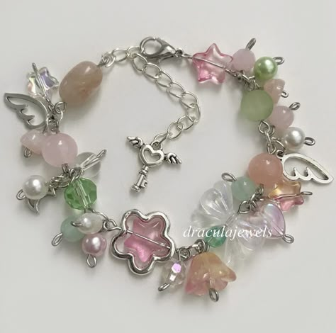 Gemstone Bracelets Aesthetic, Pretty Charm Bracelets, Beads Charm Bracelet, Handmade Charm Bracelet, Beaded Charm Bracelets, Beaded Bracelet With Charm, Diy Bracelet Charms, Aesthetic Charm Bracelet, Cluttered Bracelets