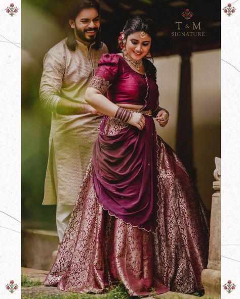 Hindu Engagement Dress, Engagement Dress Kerala, Hindu Engagement Dress Kerala, Hindu Engagement, Kerala Dress, Kerala Engagement Dress, Engagement Dress For Bride, Half Saree Lehenga, Couple Wedding Dress