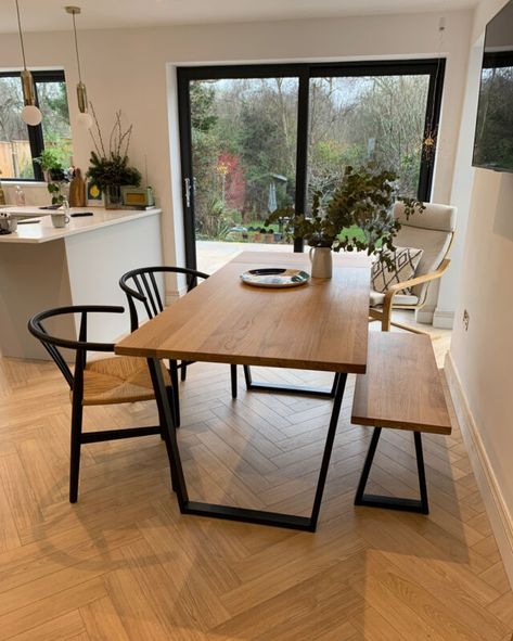 placeholder Dining Table Wood And Black, Wooden Table Metal Legs Dining Rooms, Dining Table On Wooden Floor, Wooden Table With Black Frame, Dining Table Bench Seating, Dining Table Wood And Metal, Industrial Table Dining, Industrial Dinner Table, Wooden Table Dining Room