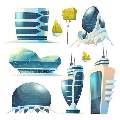 Solarpunk Architecture, Cartoon Building, Glass Facade, Futuristic Building, House Cartoon, Future Buildings, Glass Building, City Vector, Building Illustration