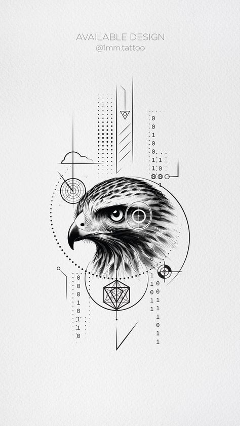 A Game of Strike Tattoo - Fine Line Design with Hawk Focus and Geometric Precision — 1MM Tattoo Studio Fine Line Design, Scientific Tattoo, Sacred Geometry Elements, Tattoo Realism, Hawk Tattoo, Binary Code, Fine Line Tattoo, Line Tattoo, Fine Line Tattoos