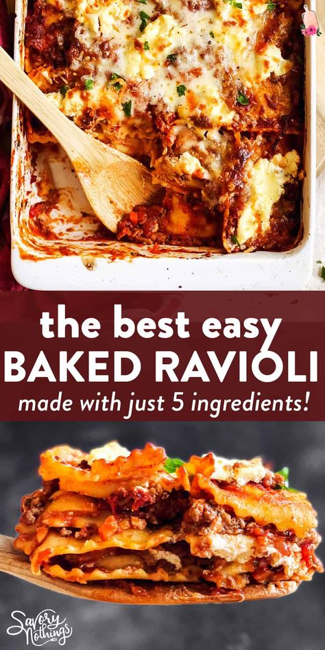 These Easy Baked Ravioli are a quick fix dinner to make on a busy night - you just need 5 ingredients, including frozen or refrigerated ravioli, to whip it up. Such a wonderful casserole to make with pantry and freezer staples! | #casserole #casserolerecipes #pastarecipes #5ingredientdinner #groundbeef #groundbeefrecipes #easydinner #easyrecipes Frozen Ravioli Bake, Beef Ravioli Recipe, Easy Baked Ravioli, Freezer Staples, Baked Ravioli Casserole, Baked Ravioli Recipe, Ravioli Casserole, Baked Ravioli, Ravioli Pasta