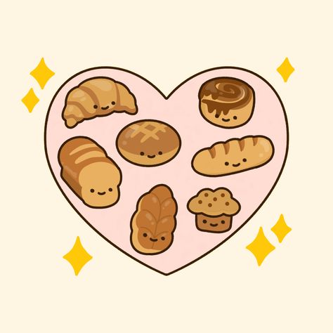 Kawaii bakery friends carbs friends croissant bread baguette bun bao bun bakery carbohydrates cinnamon bun Kawaii Bakery Aesthetic, Kawaii Bread Drawing, Carbohydrates Drawing, Cute Bakery Drawing, Baguette Drawing, Baguette Illustration, Draw So Cute Food, Bread Doodle, Bakery Drawing