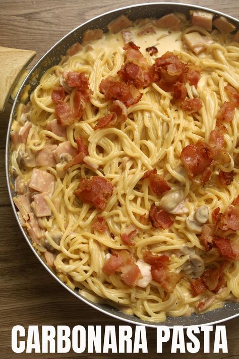 Creamy Carbonara Pasta Recipe a Filipino Style Carbonara, Pinoy Recipes. Easy and Simple Pinoy Style Creamy Ham and Bacon Pasta with Mushroom. This Recipe is made of Pasta Coated with White Sauce, Ham and Mushroom top with Fried Bacon. Serve during Birthday Party, Christmas, and Other Occasions, Best Serve with Garlic Bread or Pizza. #carbonara #Creamycarbonara #Carbonararecipe Filipino Carbonara, Creamy Carbonara Pasta, Carbonara Pasta Recipe, Chicken Carbonara Pasta, Carbonara Pasta Creamy, Pizza Carbonara, White Pasta Sauce Recipe, Creamy Carbonara, Fried Bacon