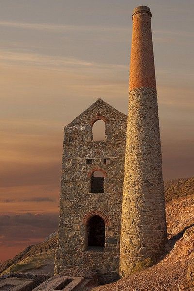 Cornish Tin Mines, Engine House, Southern England, Kentish Town, Stone Tower, Autumn Sunset, North Cornwall, St Agnes, Cornwall Uk