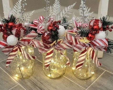 Christmas Table Decor, Candy Cane Decor, Holiday Decor, Christmas Mason Jar, Peppermint Decoration - Etsy Christmas Table Decorations Diy Centerpieces Candy Canes, Christmas Candy Centerpieces, Mason Jar With Fairy Lights, Gnome Centerpiece, Cane Decor, Mason Jar Candy, Party Event Decor, Christmas Table Decorations Diy, Jar Projects