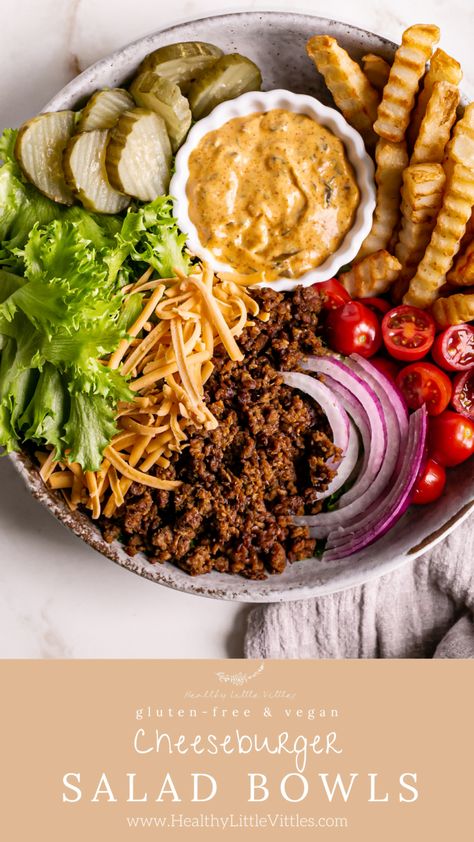 Cheeseburger Bowl, Vegan Salad Bowl, Vegan Cheeseburger, Cheeseburger Salad, Crinkle Fries, Burger Bowls, Unique Salad, Vegan Cheddar, Vegan Mayonnaise