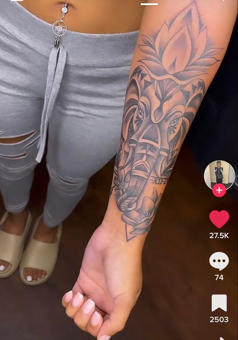 Forearm Half Sleeve Tattoos For Women Meaningful, Tattoo Ideas Female Inside Arm, Lion Tattoo For Black Women Arm, Sleeve Tattoos For Women Elephant, Tattoo Ideas Female Inner Arm, Medium Arm Tattoos, Inner Sleeve Tattoos For Women, Bottom Arm Sleeve Tattoo Black Women, Tiger Thigh Tattoo For Black Women