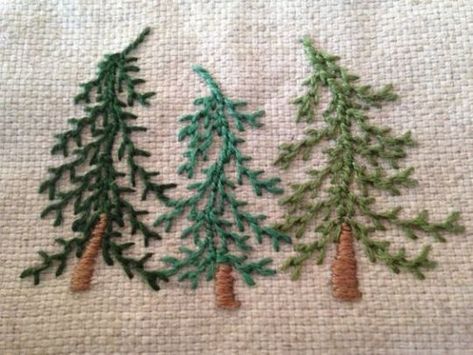 Embroider Pine Tree, Pnw Trees, Embroidery Thanksgiving, Pine Tree Embroidery, Embroidery Trees, Embroidered Trees, Embroidery Tree, Tree Embroidery, Feather Stitch