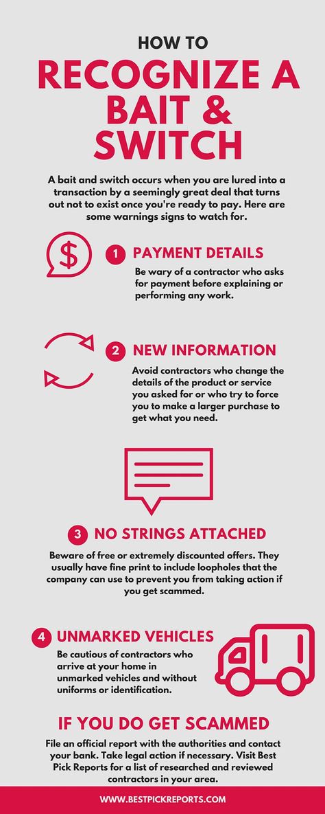 Bait and switch- the action (generally illegal) of advertising goods that are an apparent bargain, with the intention of substituting inferior or more expensive goods. Consumer Law, Minding My Own Business, Bait And Switch, Attract Customers, Minding Your Own Business, How To Attract Customers, Safety Tips, Financial Planning, Work On