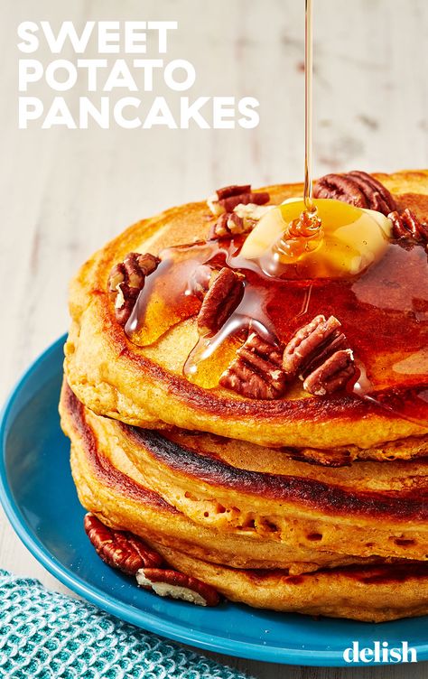 Upgrade your brunch plans with these delicious homemade pancakes. Get the recipe from Delish.com. #pancakes #brunch #recipe #sweetpotato #howtomake #easy #best Sweet Potato Pancakes Recipe, Pancakes Breakfast, Sweet Potato Pancakes, Meals Ideas, Breakfast Meals, Homemade Pancakes, Pancake Day, Potato Pancakes, Pancakes And Waffles