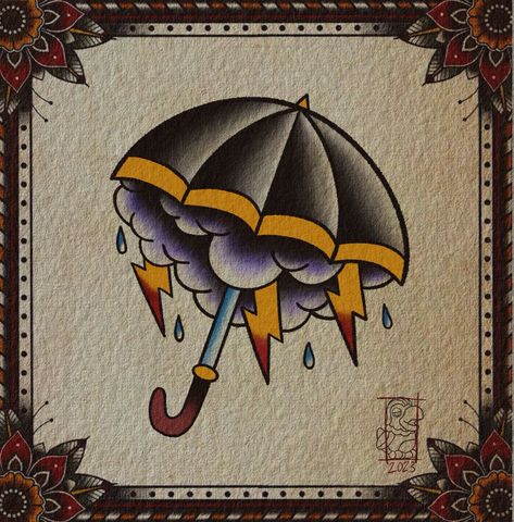 Rain Traditional Tattoo, Umbrella Rain Tattoo, Traditional Umbrella Tattoo, Rain Tattoo, Umbrella Tattoo, Neo Tattoo, Halloween Parejas, Sailor Jerry Tattoos, Tattoo Color