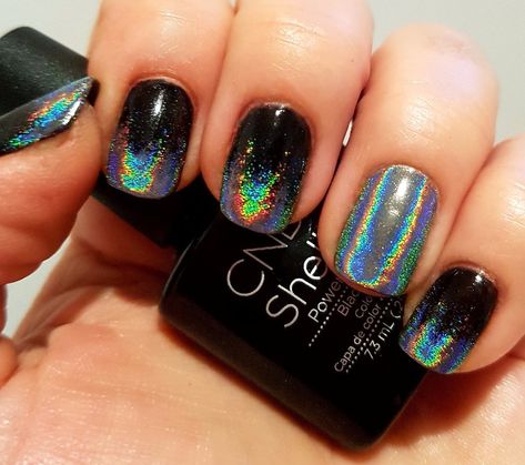 Black Nails With Accent Color, Black And Irridescent Nails, Black Holographic Nail Designs, Black Rainbow Chrome Nails, Rainbow Chrome Nails Designs, Black Sparkle Dip Powder Nails, Black Halo Nails, Chrome Accent Nail Ideas, Black Unicorn Nails