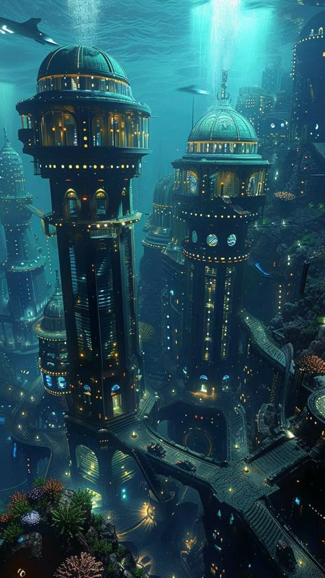 Sunken City, Ruined City, City Scapes, Underwater City, Anime City, Underground Cities, Leagues Under The Sea, World Of Fantasy, Fantasy House