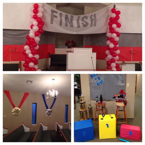 Vbs: The Race is On! Run The Race Bible, Vbs Olympics, Athletic Banquet, Race Theme, Olympics Decorations, Iron Man Party, Track Coach, Racing Theme, Sports Banquet