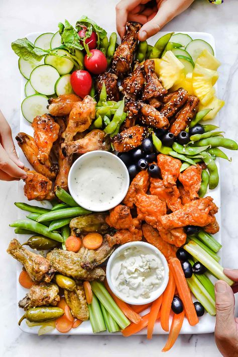 How to Make a Game-Day 4-Way Baked Chicken Wing Platter | foodiecrush.com #football #appetizer #chicken #wings #platter #board Chicken Wing Platter, Food Board Ideas, Wing Platter, Baked Chicken Wings Oven, Wing Sauce Recipes, Crispy Baked Chicken, Foodie Crush, Party Food Platters, Baked Chicken Wings