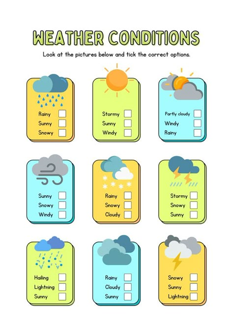 Weather Conditions Look and Tick Handout Ingles Kids, Teach English To Kids, Study English Language, English Teaching Materials, English Teaching Resources, English Activities For Kids, English For Beginners, English Exercises, Learning English For Kids