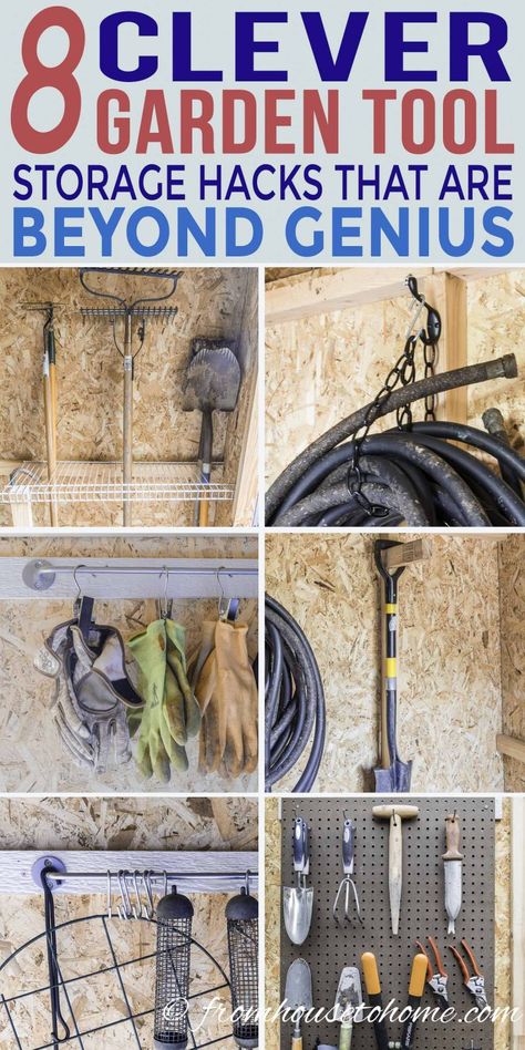 12 Garden Tool Storage Ideas (How To Organize Garden Tools) | Best Gardening Tips and Plants Garden Tool Storage Ideas, Tool Shed Organizing, Tool Storage Ideas, Garden Shed Diy, Storage Shed Organization, Garden Tool Organization, Diy Organizer, Shed Organization, Metal Storage Sheds