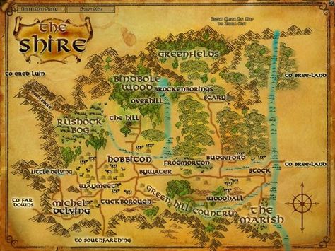 Map of The Shire (Lord of the Rings) Lord Of The Rings Online, J.r.r. Tolkien, Middle Earth Map, The Shire, Fellowship Of The Ring, Jrr Tolkien, Gandalf, Fantasy Map, Detailed Map