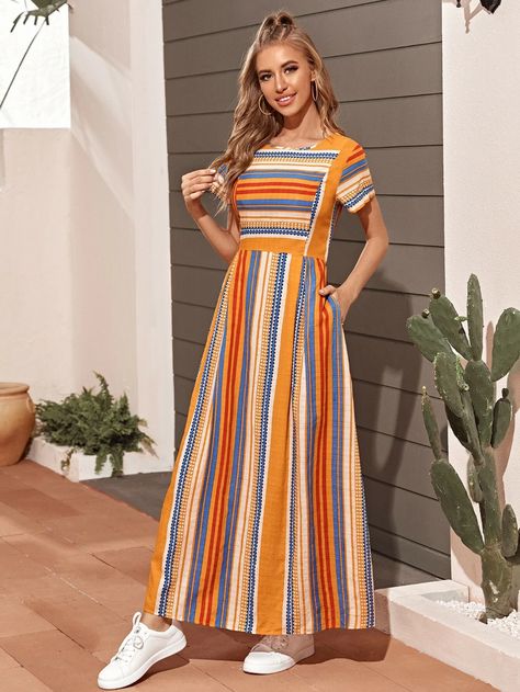 Beautiful Frocks, Long Striped Dress, Frock For Women, Long Kurti Designs, Maxi Dress Outfit, Western Clothing, Stylish Dresses For Girls, Patch Work, Designs For Dresses