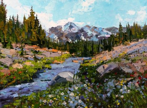 Montana Oil Painting, Garden Of The Gods Painting, Mountain Painting Aesthetic, Impressionist Mountains, Montana Painting, Bluebird Cottage, Animal Artists, Jackson Hole Art, Mountain Flowers