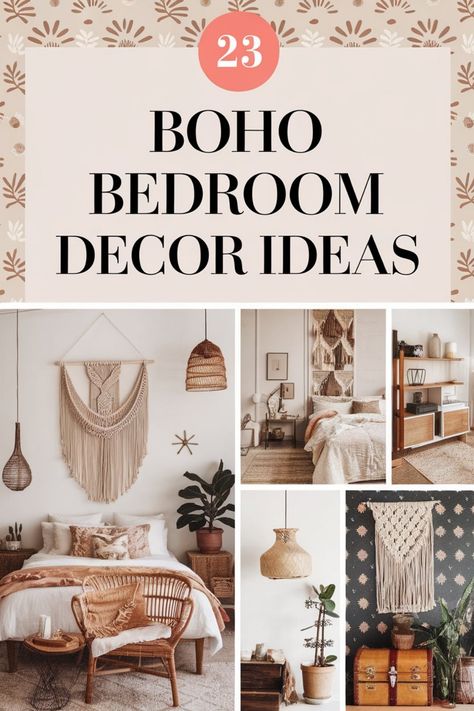 23 Boho bedroom decor ideas featuring macrame, wicker, plants, and earthy tones. Boho Bed Styling, Bohemian Room Decor Ideas, Boho Headboard Ideas, Bohemian Guest Bedroom, Boho Minimalist Bedroom, Nightstand Accessories, Bedroom Aesthetic Ideas, Boho Bedroom Decor Ideas, Boho Headboard