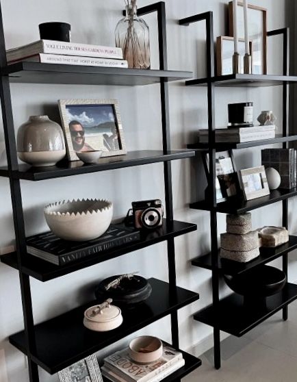 Black Wall Shelves Bedroom, Home Library Design Minimal, Black Ladder Shelf, Black Wall Shelves, Amazing Bedroom Designs, Wall Shelves Bedroom, Shelf Decor Living Room, Metal Wall Shelves, Restroom Decor