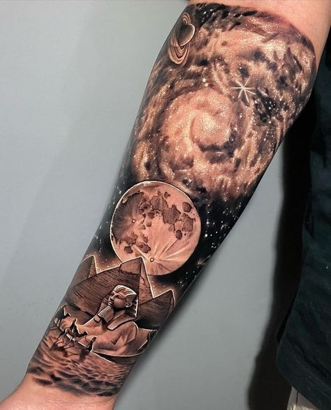 Egyptian Space Tattoo, Universe Sleeve Tattoos For Women, Space And Galaxy Tattoos, Space And Time Tattoo, Universe Tattoo Sleeve, Consciousness Tattoo, Galaxy Tattoo Sleeve, Space Tattoo Sleeve, Arm Cover Up Tattoos