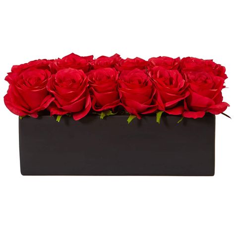 "Purchase the 12.5\" Dozen Silk Roses in Ceramic Rectangular Planter at Michaels. com. Bring the timeless elegance of red roses into any room in your home or office with these faux roses in a black rectangle planter. Bring the timeless elegance of red roses into any room in your home or office with these faux roses in a black rectangle planter. The entire arrangement is compact enough to work on nearly any surface you choose, from a dinner table centerpiece to a bright accent in a reception area Dinner Table Centerpieces, Rectangle Planters, Dozen Roses, Black Planters, Artificial Floral Arrangements, Rose Centerpieces, Rectangular Planters, Silk Floral Arrangements, Rose Arrangements