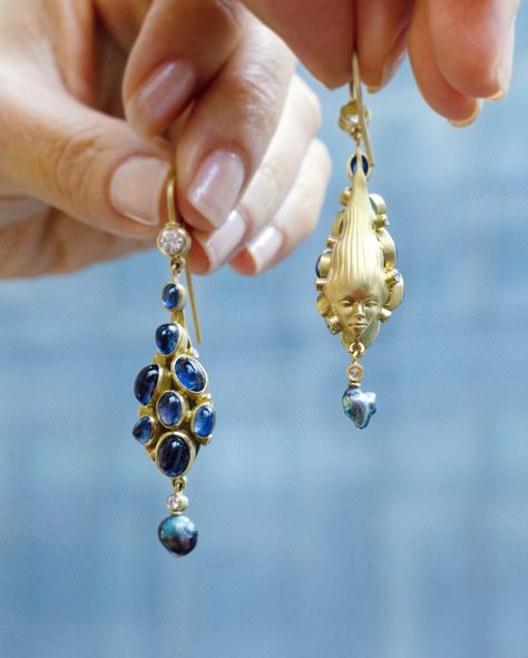 The Sapphire Cabochon Printed Lady Earrings, featuring abalone pearl drops and diamond accents. Abalone Pearl, Sapphire Cabochon, Pearl Drop, Women's Earrings, Sapphire, Quick Saves